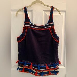 Anthropologie Navy Sleeveless Tank with Red & Blue Tassel Trim